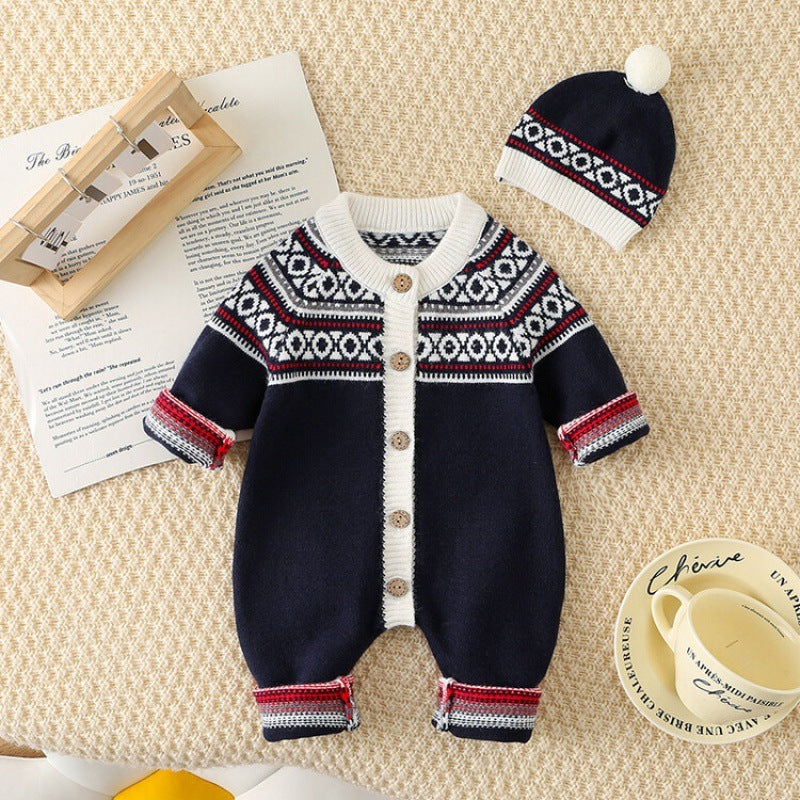 Western Style Striped Knitted Clothing Male And Female Baby One-piece Outing